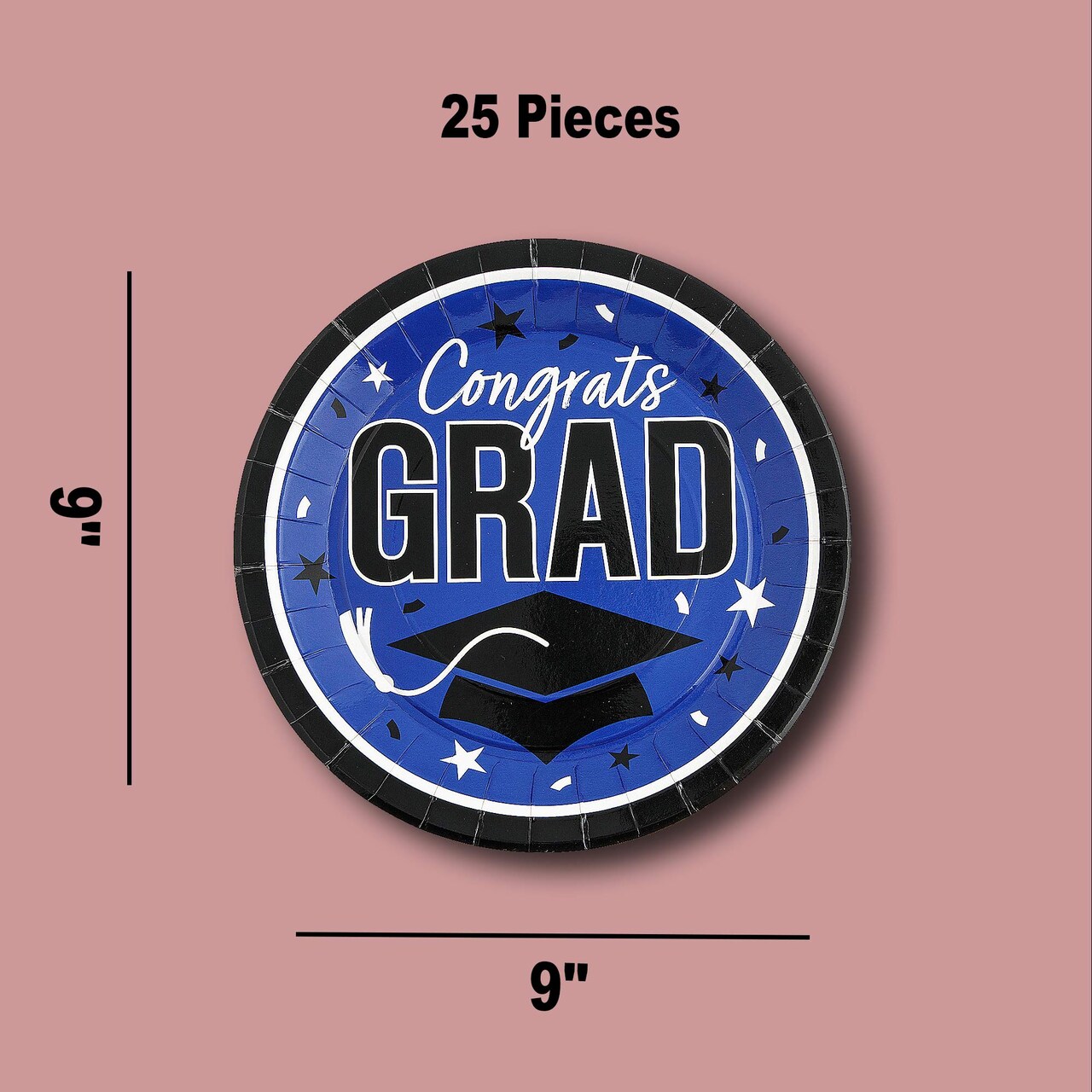 Blue 9 Inch Graduation Party Plates 25 Count with Congrats Grad Print for School Celebrations
